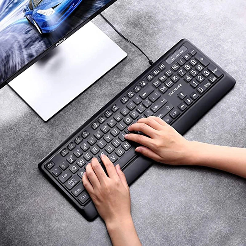 USB Wired Backlit Keyboard – 104 Keys, Big Print, White LED