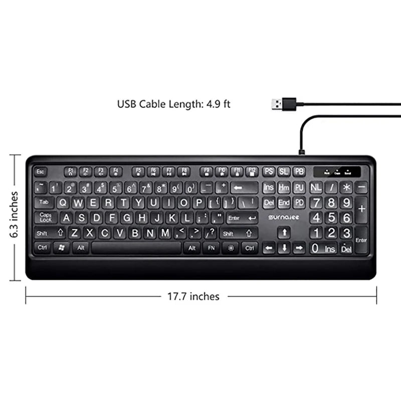 USB Wired Backlit Keyboard – 104 Keys, Big Print, White LED