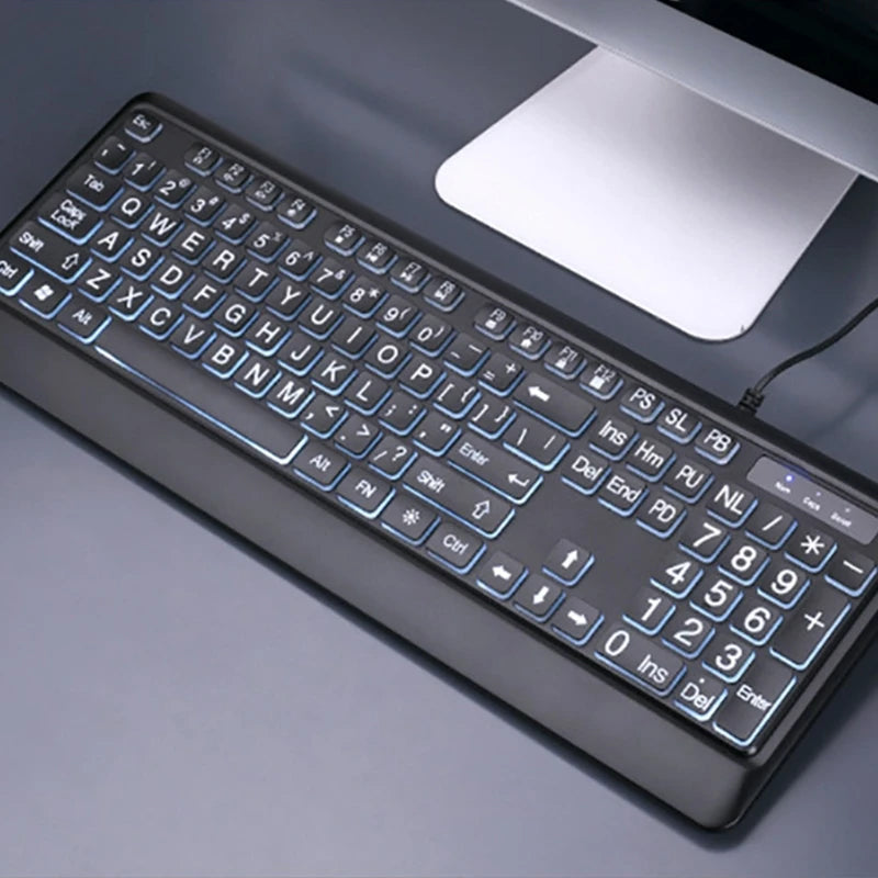 USB Wired Backlit Keyboard – 104 Keys, Big Print, White LED