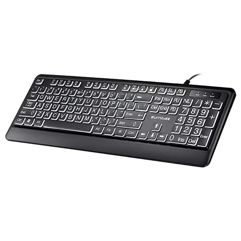USB Wired Backlit Keyboard – 104 Keys, Big Print, White LED