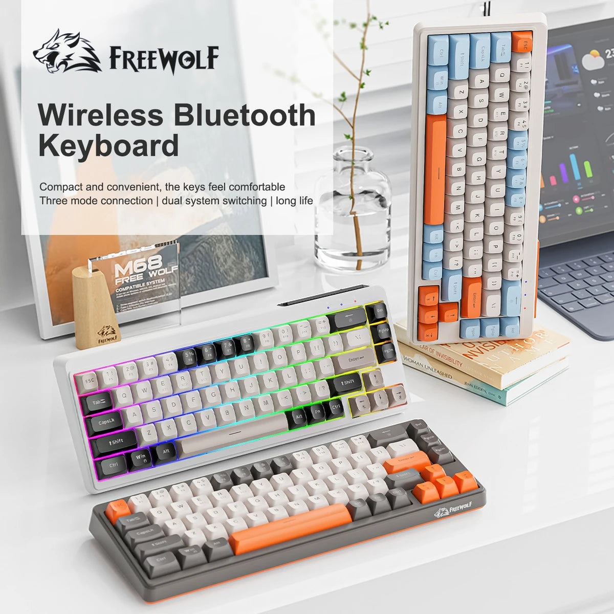 FREE WOLF M68 Tri-Mode RGB Gaming Keyboard – PBT Keycaps & Wireless Power