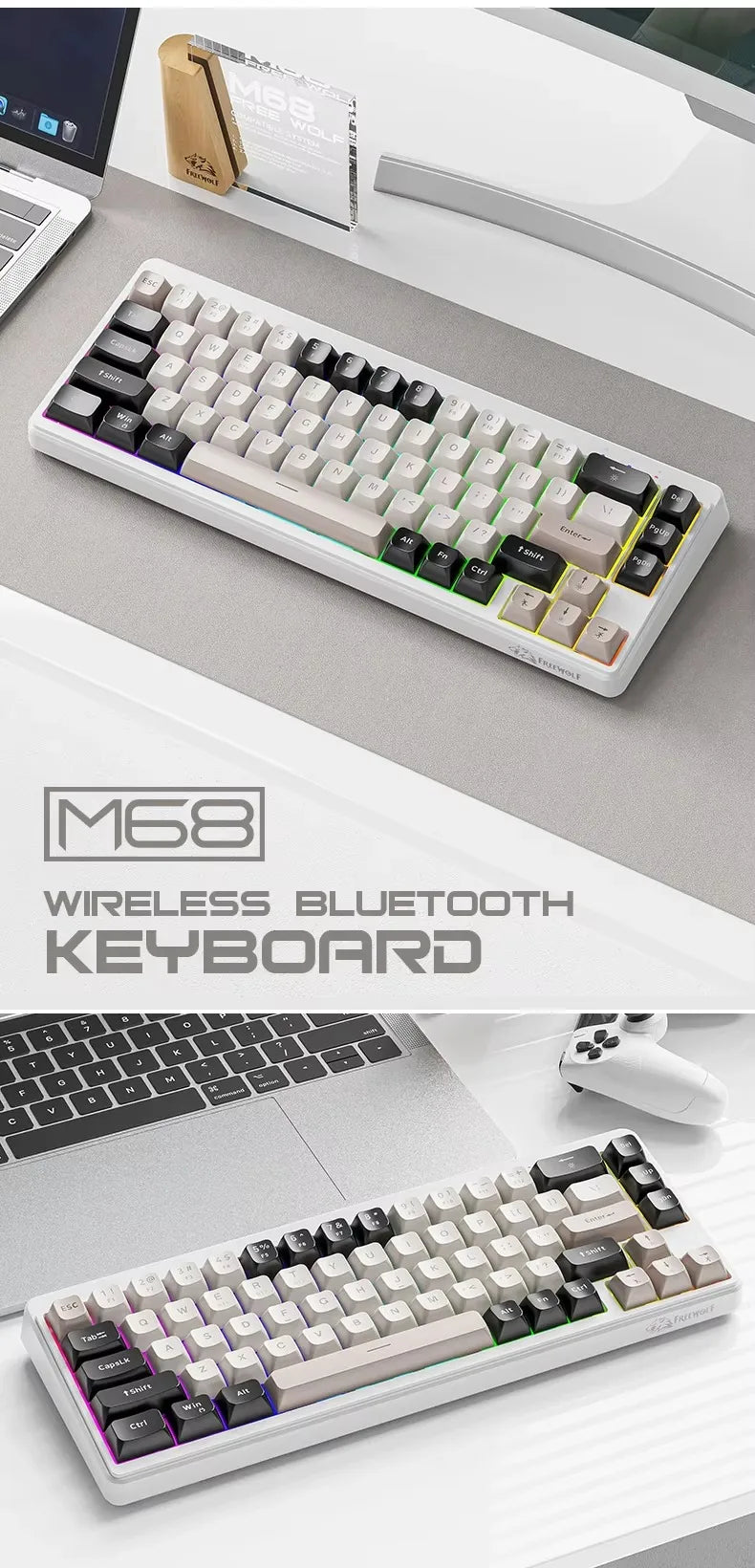 FREE WOLF M68 Tri-Mode RGB Gaming Keyboard – PBT Keycaps & Wireless Power