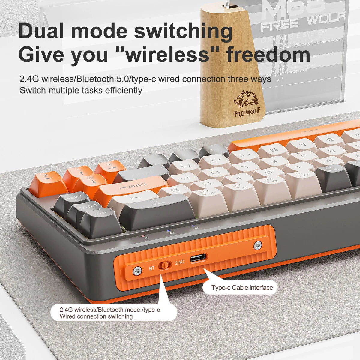 FREE WOLF M68 Tri-Mode RGB Gaming Keyboard – PBT Keycaps & Wireless Power