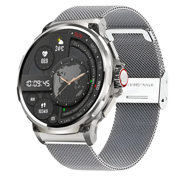 Silver smartwatch with features listed on a white background, including AMOLED display and various functionalities.