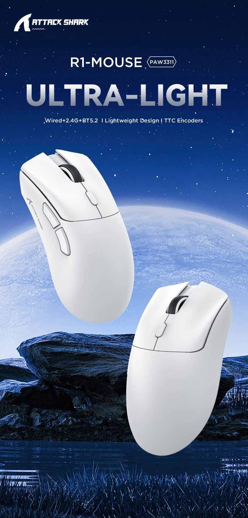 Attack Shark R1 Gaming Mouse – Tri-Mode, 18000DPI, Macro Programmable