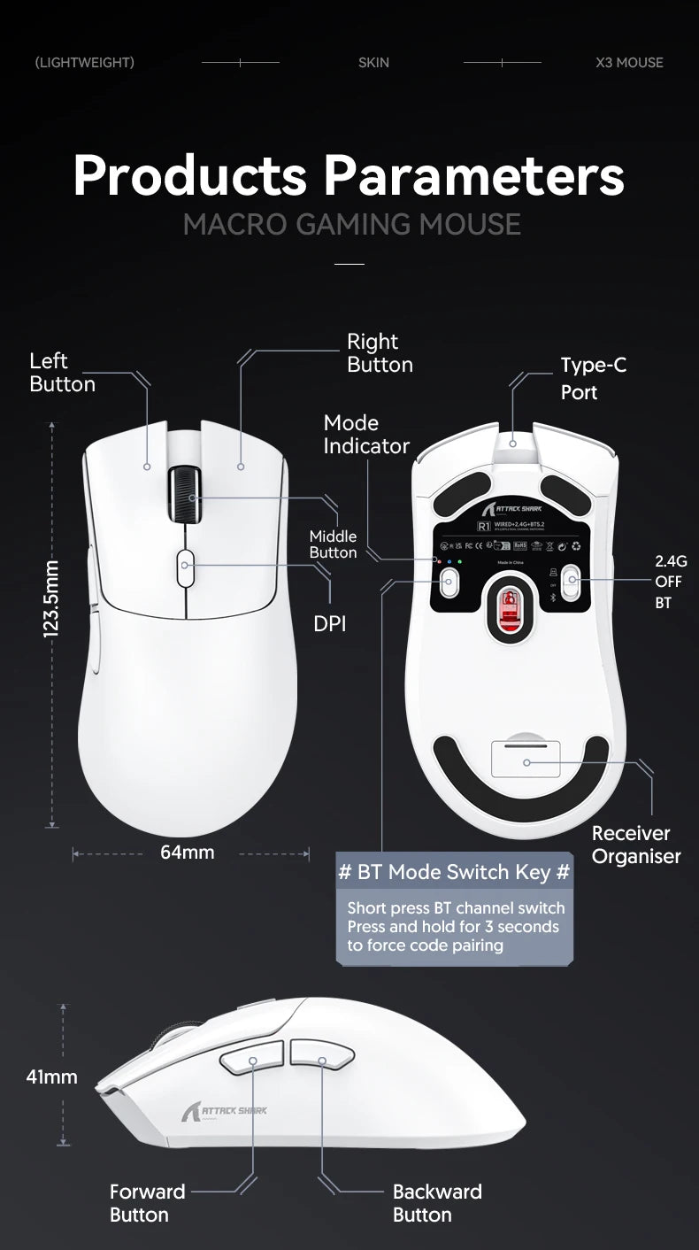 Attack Shark R1 Gaming Mouse – Tri-Mode, 18000DPI, Macro Programmable