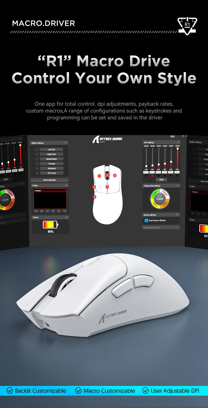 Attack Shark R1 Gaming Mouse – Tri-Mode, 18000DPI, Macro Programmable