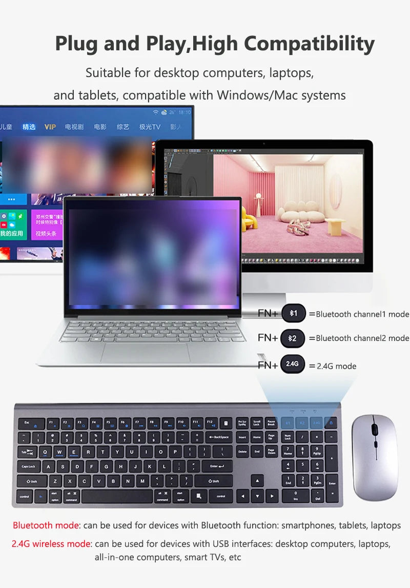Bluetooth 3-Mode Wireless Keyboard & Mouse Combo – Rechargeable & Multi-Device