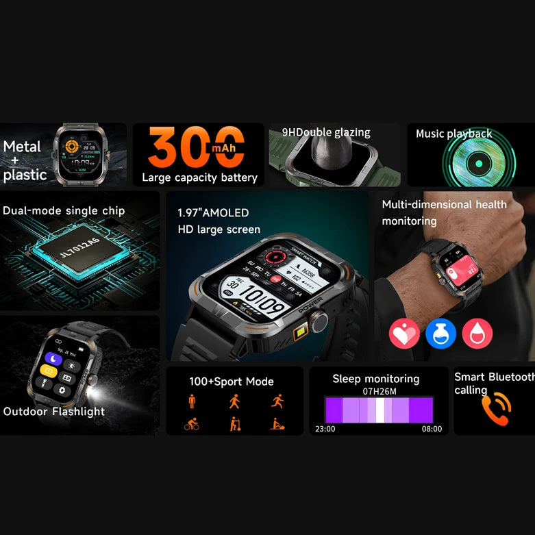 AMOLED Outdoor Smartwatch | Compass, Flashlight & Bluetooth Calling