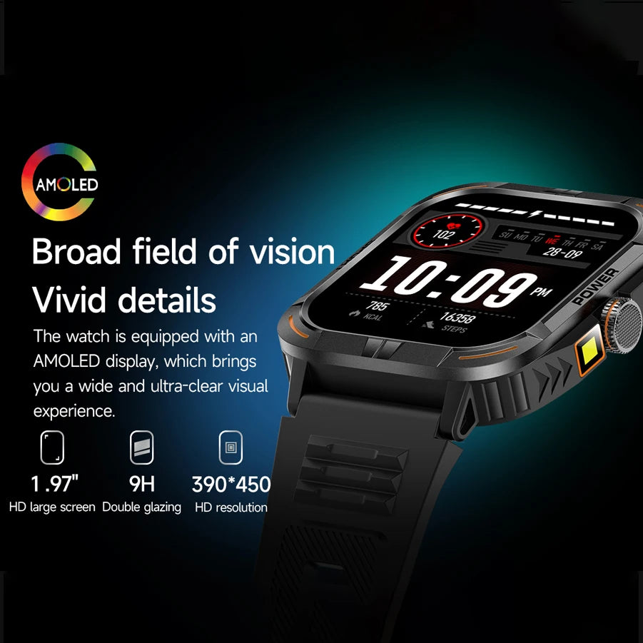 AMOLED Outdoor Smartwatch | Compass, Flashlight & Bluetooth Calling