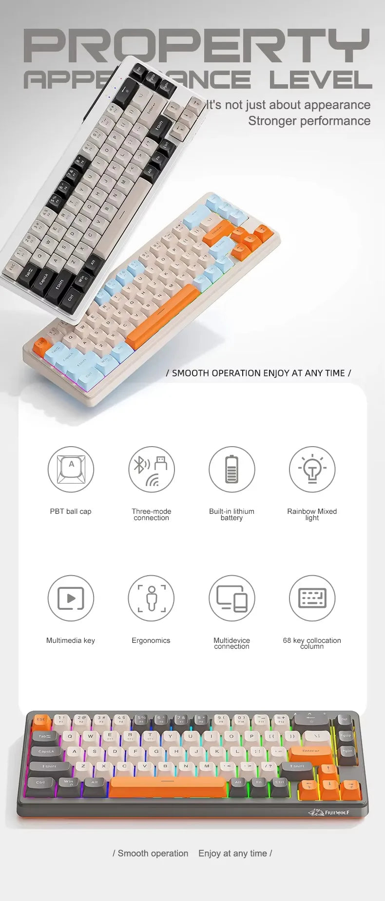 FREE WOLF M68 Tri-Mode RGB Gaming Keyboard – PBT Keycaps & Wireless Power